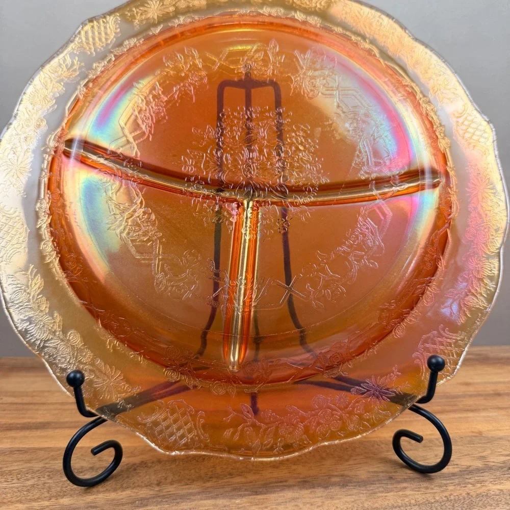 Vintage Federal Glass Normandie Marigold Carnival Grill Plate Iridescent 11in